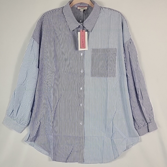 Andree by Unit Women's Yours or Mine Striped Button Down Shirt Sz M Blue White - Picture 1 of 9